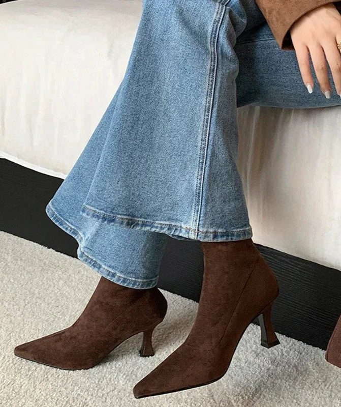 Women's Faux Suede Pointed-Toe Ankle Boots with Flared Heel - Maisie London