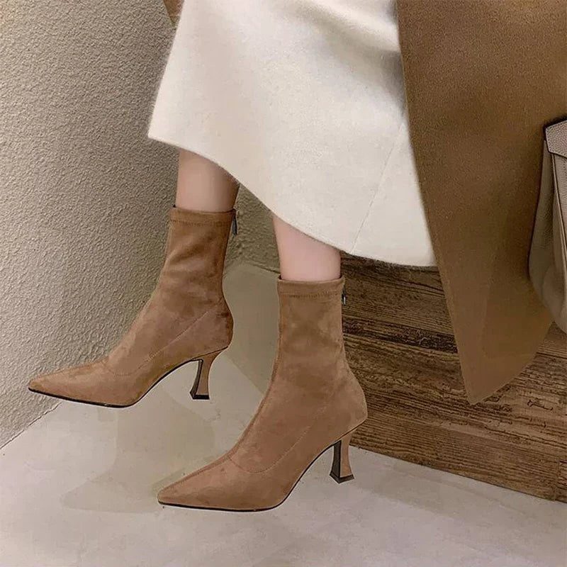 Women's Faux Suede Pointed-Toe Ankle Boots with Flared Heel - Maisie London