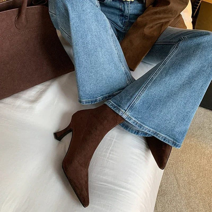 Women's Faux Suede Pointed-Toe Ankle Boots with Flared Heel - Maisie London