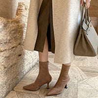 Women's Faux Suede Pointed-Toe Ankle Boots with Flared Heel - Maisie London