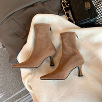 Women's Faux Suede Pointed-Toe Ankle Boots with Flared Heel - Maisie London