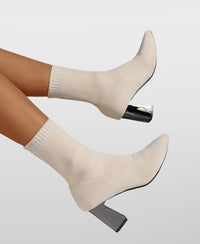 Women's Knit Pointed-Toe Sock Boots with Block Heel and Ribbed Cuff - Maisie London