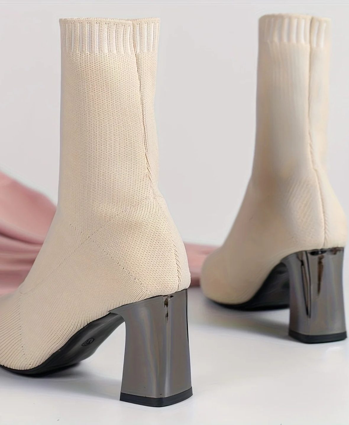 Women's Knit Pointed-Toe Sock Boots with Block Heel and Ribbed Cuff - Maisie London