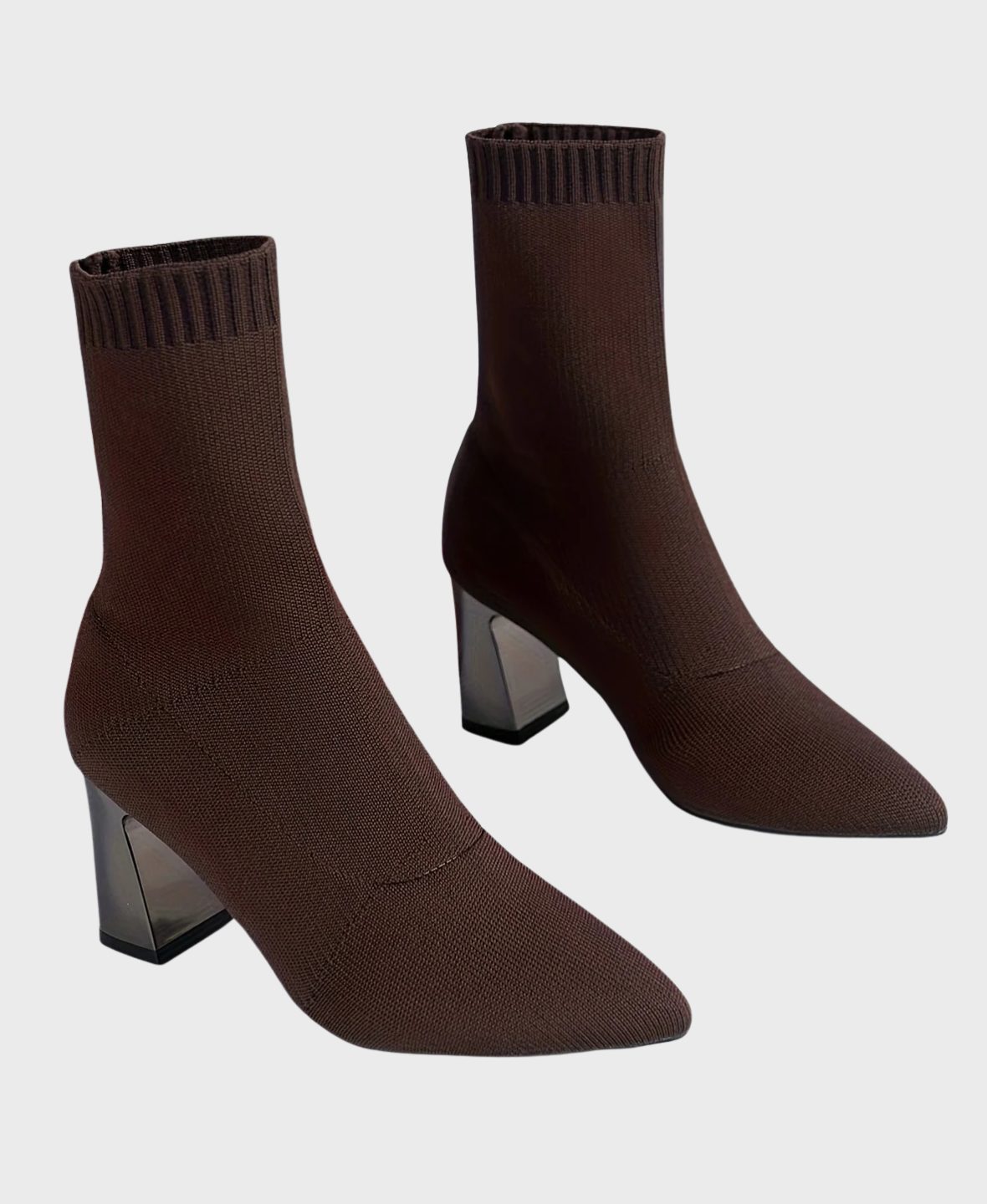 Women's Knit Pointed-Toe Sock Boots with Block Heel and Ribbed Cuff - Maisie London