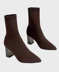 Women's Knit Pointed-Toe Sock Boots with Block Heel and Ribbed Cuff - Maisie London