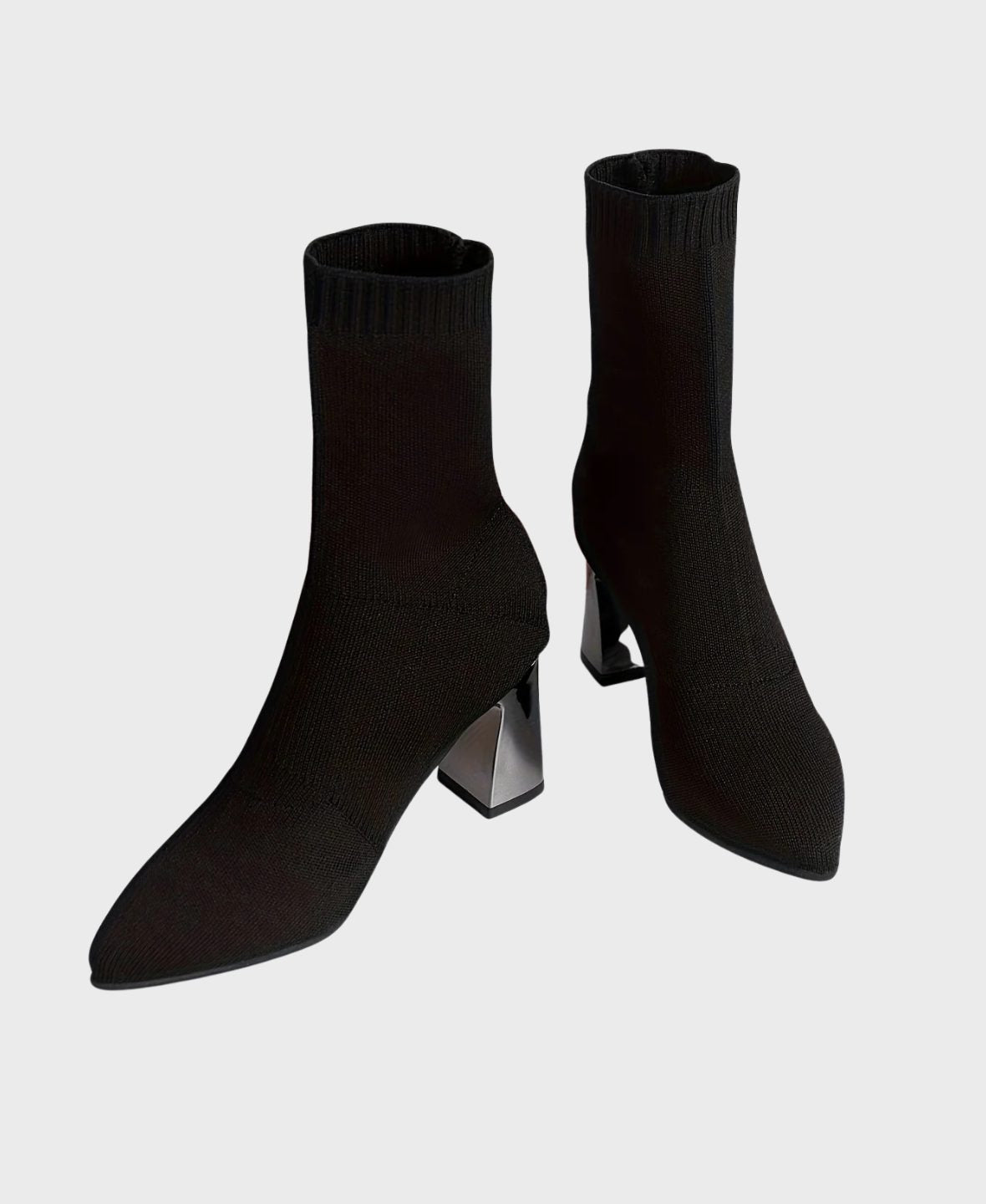 Women's Knit Pointed-Toe Sock Boots with Block Heel and Ribbed Cuff - Maisie London