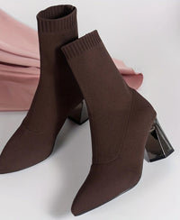 Women's Knit Pointed-Toe Sock Boots with Block Heel and Ribbed Cuff - Maisie London