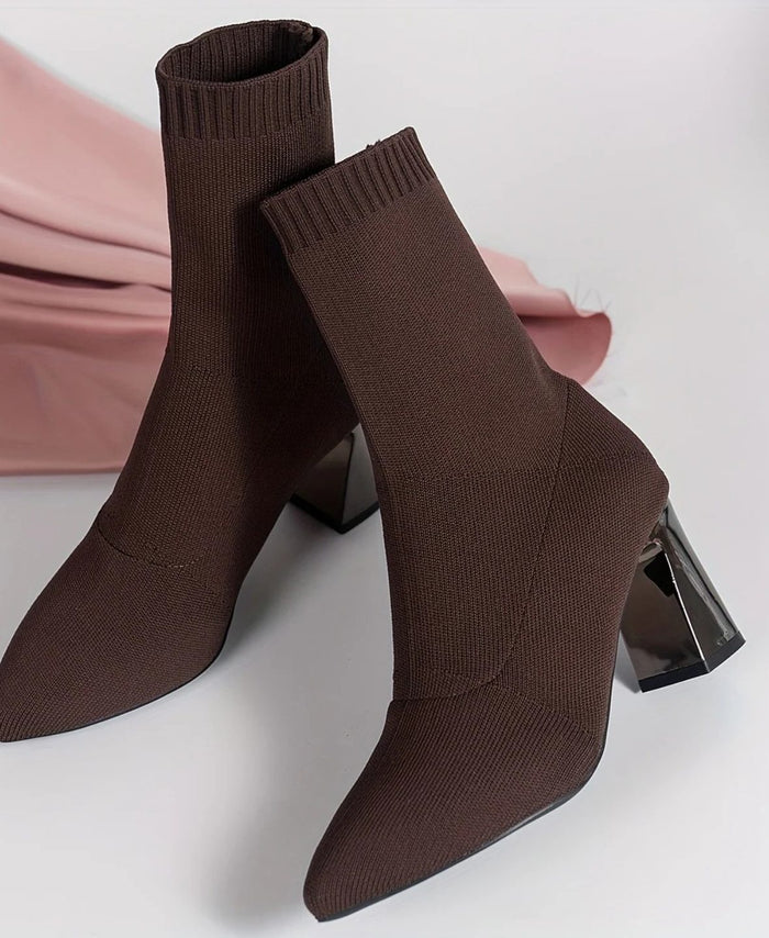 Women's Knit Pointed-Toe Sock Boots with Block Heel and Ribbed Cuff - Maisie London