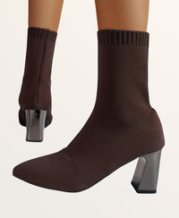 Women's Knit Pointed-Toe Sock Boots with Block Heel and Ribbed Cuff - Maisie London