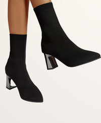 Women's Knit Pointed-Toe Sock Boots with Block Heel and Ribbed Cuff - Maisie London
