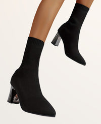 Women's Knit Pointed-Toe Sock Boots with Block Heel and Ribbed Cuff - Maisie London