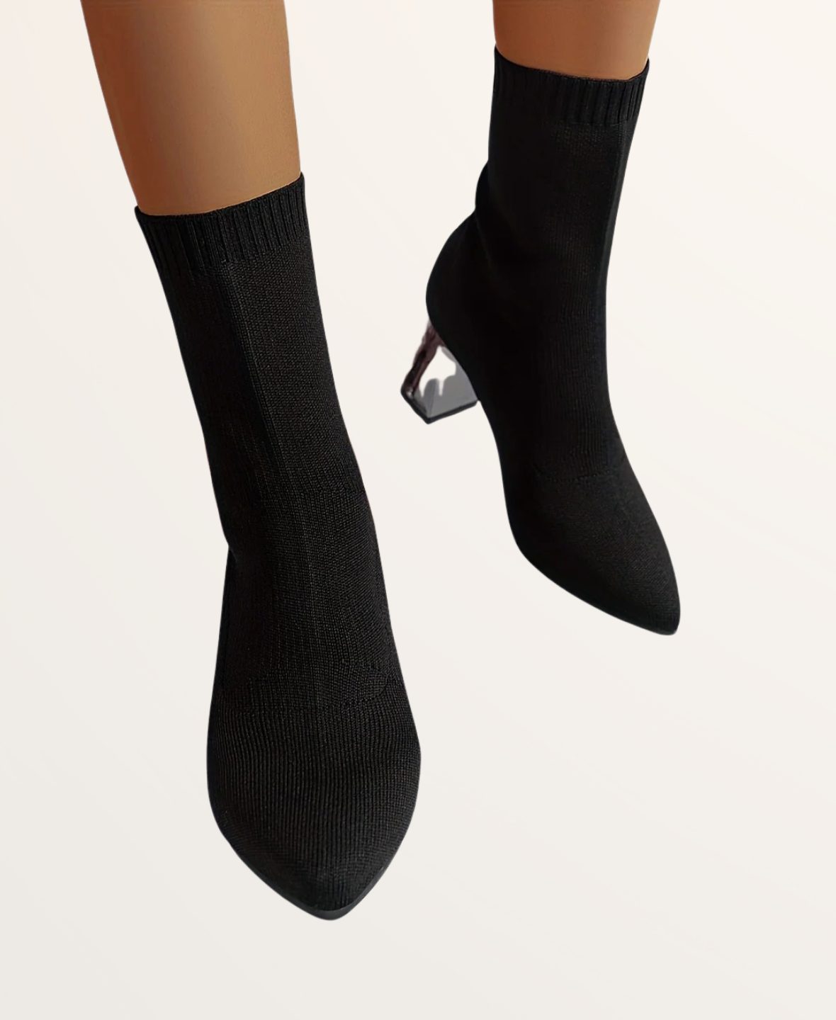 Women's Knit Pointed-Toe Sock Boots with Block Heel and Ribbed Cuff - Maisie London