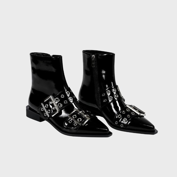 Women's Black Patent Pointed-Toe Ankle Boots with Buckle Straps - Maisie London