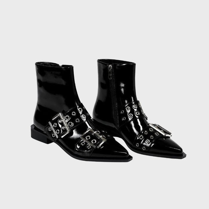 Women's Black Patent Pointed-Toe Ankle Boots with Buckle Straps - Maisie London