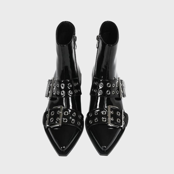 Women's Black Patent Pointed-Toe Ankle Boots with Buckle Straps - Maisie London