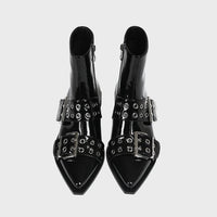 Women's Black Patent Pointed-Toe Ankle Boots with Buckle Straps - Maisie London