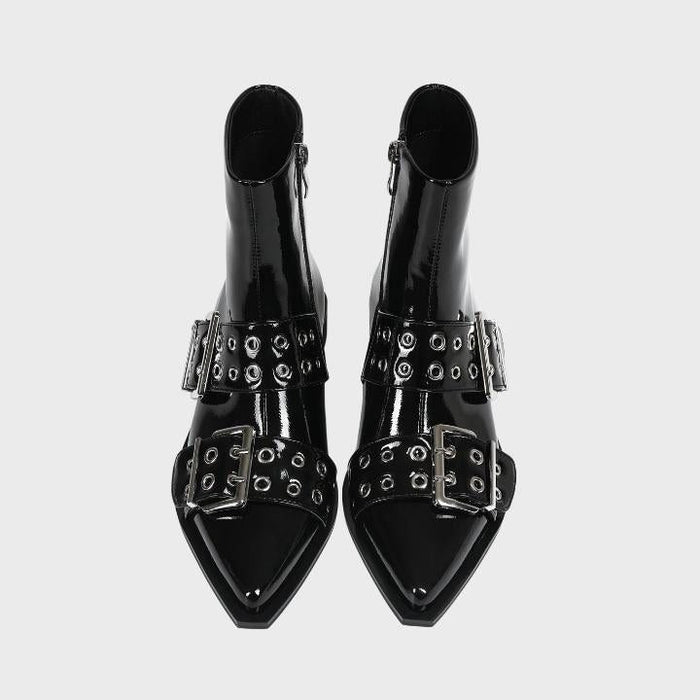 Women's Black Patent Pointed-Toe Ankle Boots with Buckle Straps - Maisie London