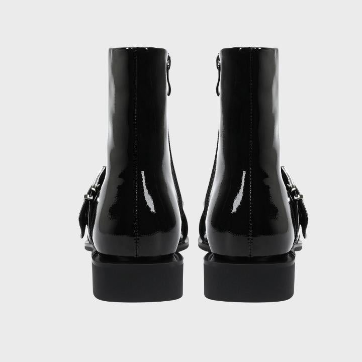 Women's Black Patent Pointed-Toe Ankle Boots with Buckle Straps - Maisie London