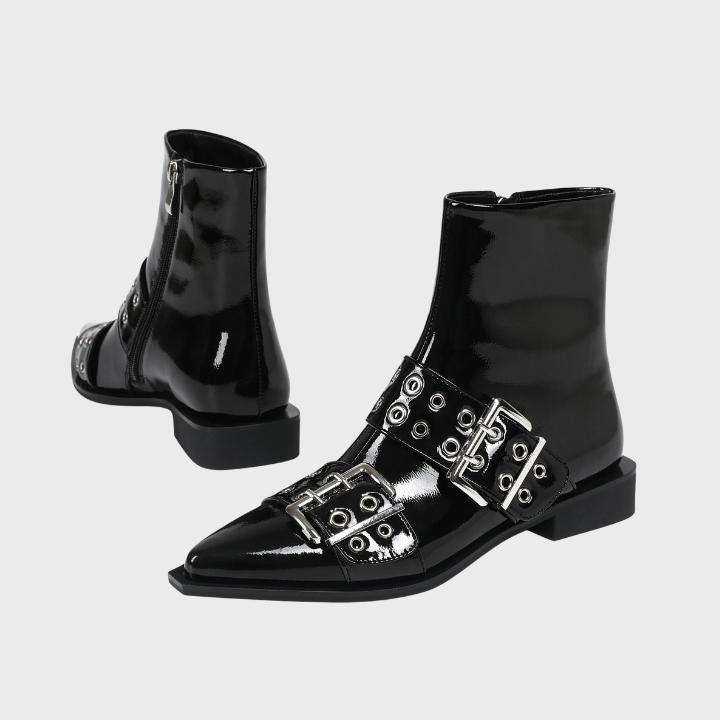 Women's Black Patent Pointed-Toe Ankle Boots with Buckle Straps - Maisie London