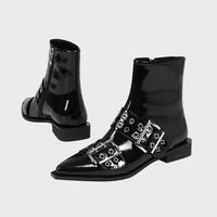 Women's Black Patent Pointed-Toe Ankle Boots with Buckle Straps - Maisie London