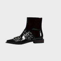 Women's Black Patent Pointed-Toe Ankle Boots with Buckle Straps - Maisie London