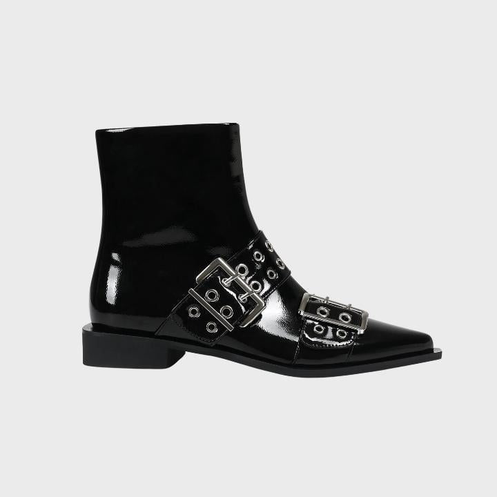 Women's Black Patent Pointed-Toe Ankle Boots with Buckle Straps - Maisie London