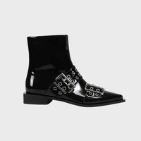 Women's Black Patent Pointed-Toe Ankle Boots with Buckle Straps - Maisie London