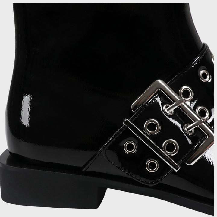 Women's Black Patent Pointed-Toe Ankle Boots with Buckle Straps - Maisie London
