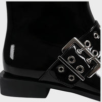 Women's Black Patent Pointed-Toe Ankle Boots with Buckle Straps - Maisie London