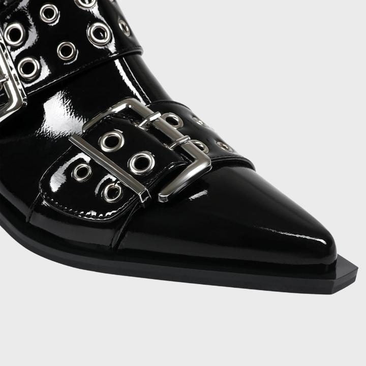 Women's Black Patent Pointed-Toe Ankle Boots with Buckle Straps - Maisie London