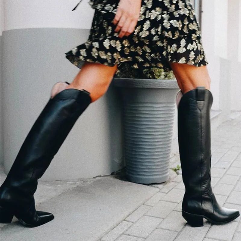 Women's Black Faux Leather Knee-High Western Boots with Pointed-Toe - Maisie London