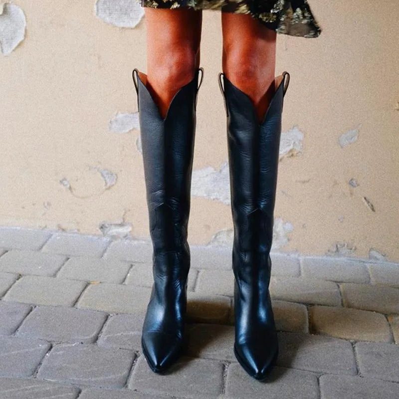 Women's Black Faux Leather Knee-High Western Boots with Pointed-Toe - Maisie London