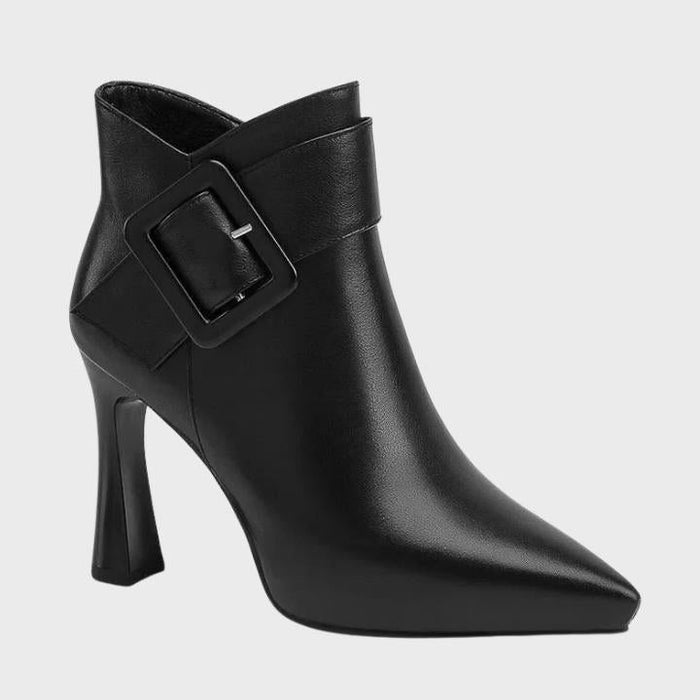 Women's Faux Leather Pointed-Toe Ankle Boots with Buckle Strap - Maisie London