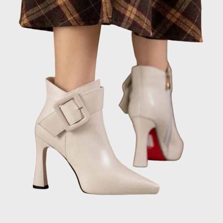 Women's Faux Leather Pointed-Toe Ankle Boots with Buckle Strap - Maisie London