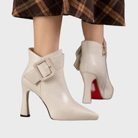 Women's Faux Leather Pointed-Toe Ankle Boots with Buckle Strap - Maisie London