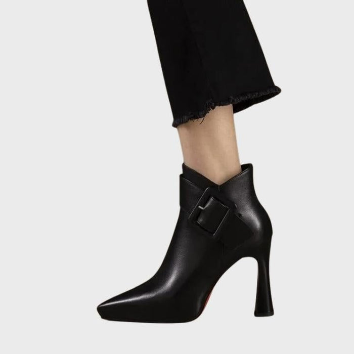 Women's Faux Leather Pointed-Toe Ankle Boots with Buckle Strap - Maisie London