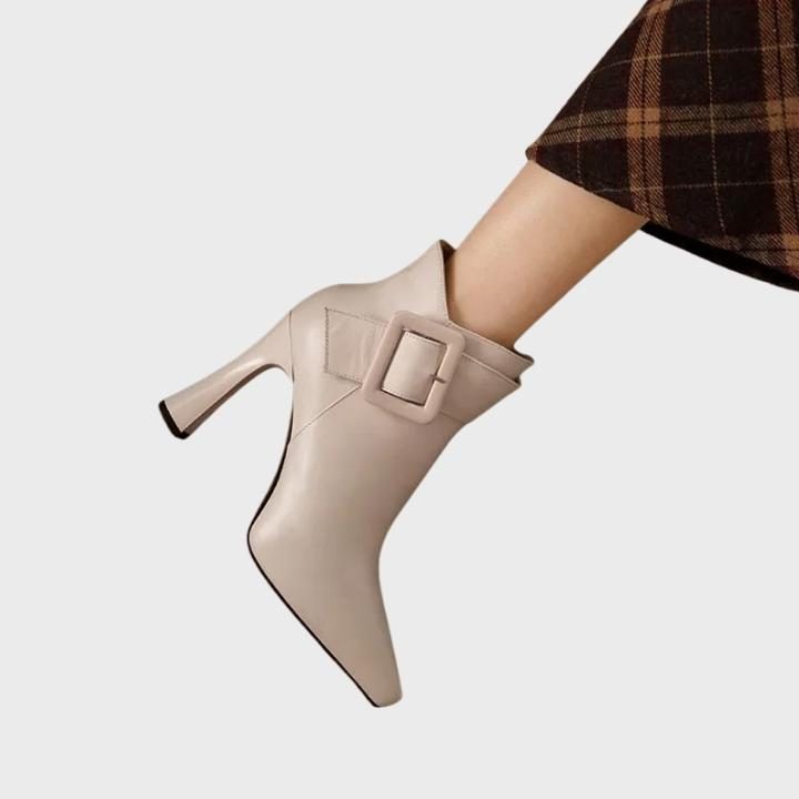 Women's Faux Leather Pointed-Toe Ankle Boots with Buckle Strap - Maisie London