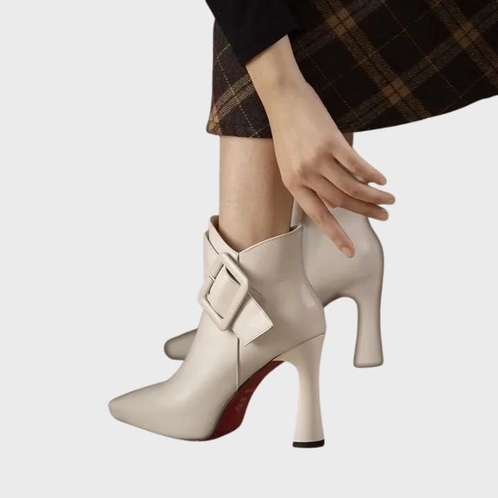 Women's Faux Leather Pointed-Toe Ankle Boots with Buckle Strap - Maisie London