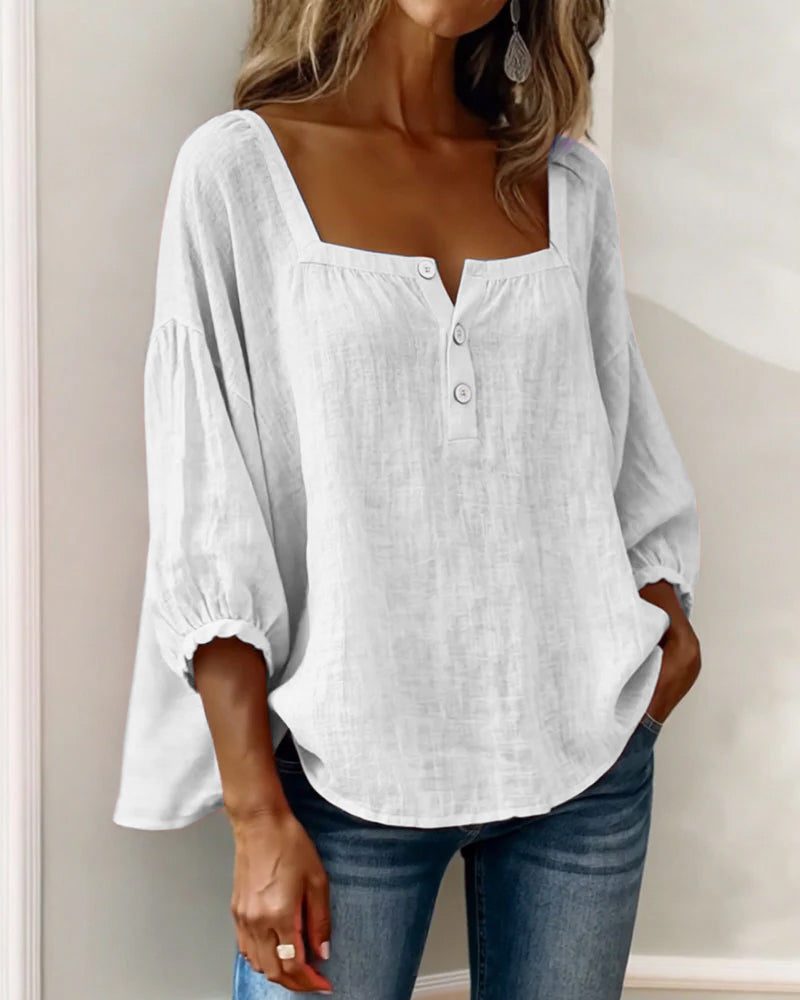 Women's Linen-Look Square-Neck Blouse with Puff Sleeves and Buttons - Maisie London