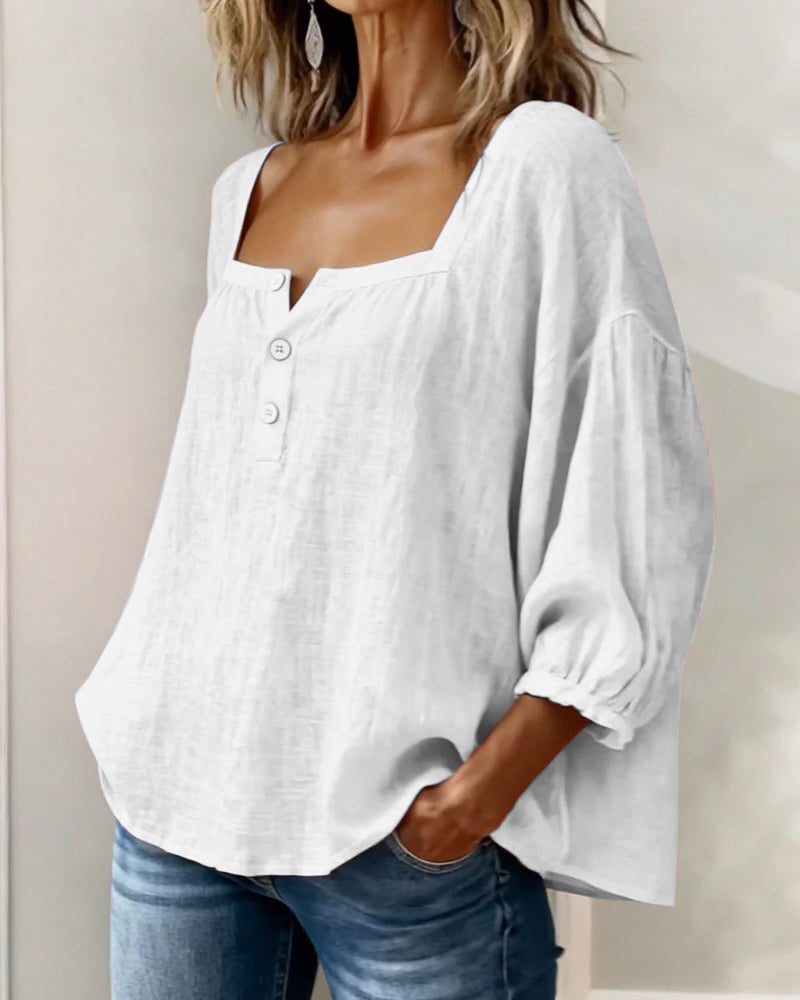 Women's Linen-Look Square-Neck Blouse with Puff Sleeves and Buttons - Maisie London