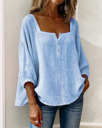 Women's Linen-Look Square-Neck Blouse with Puff Sleeves and Buttons - Maisie London