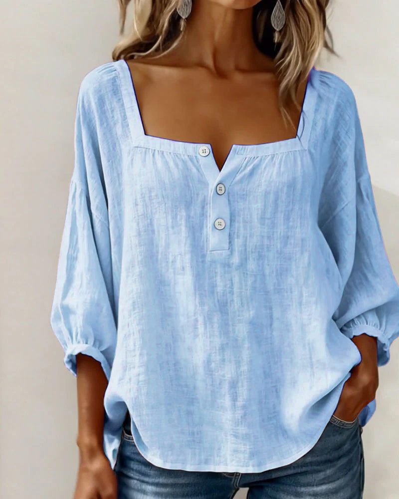 Women's Linen-Look Square-Neck Blouse with Puff Sleeves and Buttons - Maisie London