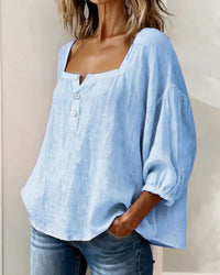 Women's Linen-Look Square-Neck Blouse with Puff Sleeves and Buttons - Maisie London