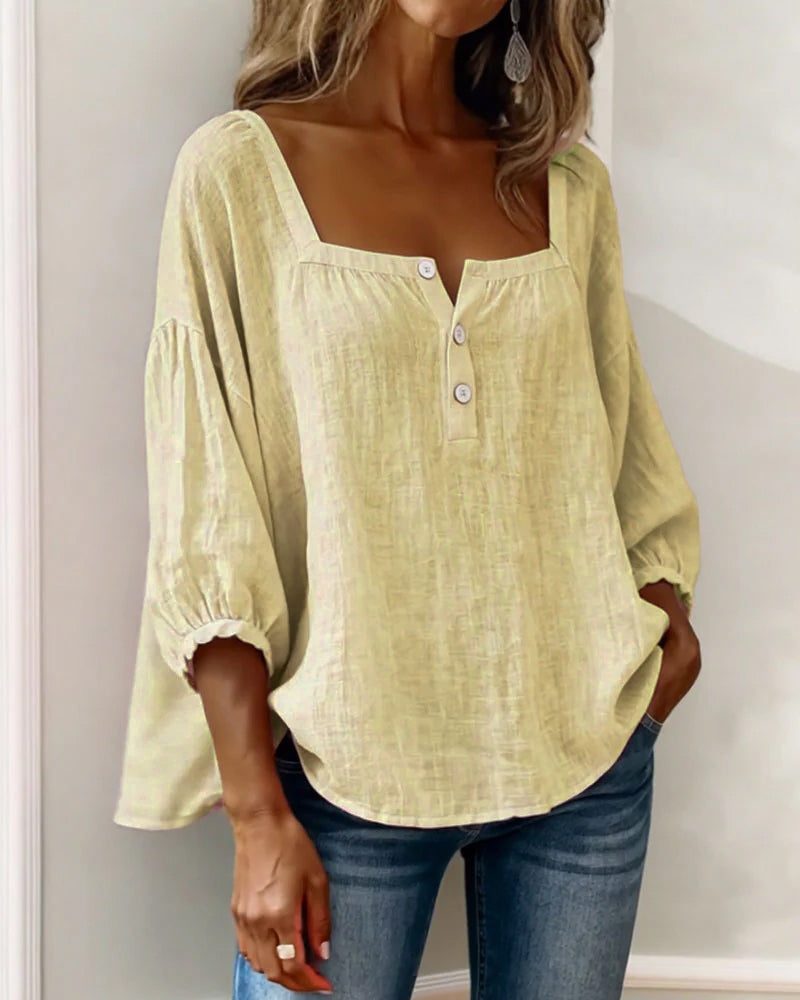 Women's Linen-Look Square-Neck Blouse with Puff Sleeves and Buttons - Maisie London