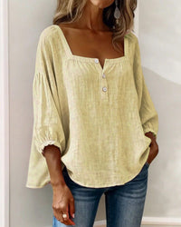 Women's Linen-Look Square-Neck Blouse with Puff Sleeves and Buttons - Maisie London
