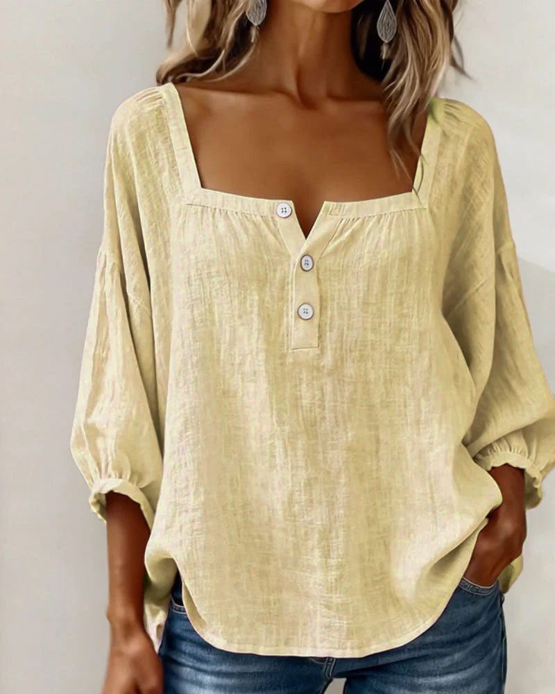 Women's Linen-Look Square-Neck Blouse with Puff Sleeves and Buttons - Maisie London