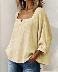 Women's Linen-Look Square-Neck Blouse with Puff Sleeves and Buttons - Maisie London