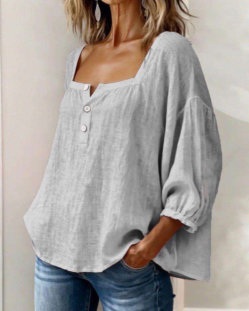 Women's Linen-Look Square-Neck Blouse with Puff Sleeves and Buttons - Maisie London