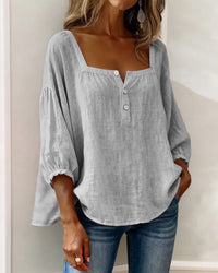 Women's Linen-Look Square-Neck Blouse with Puff Sleeves and Buttons - Maisie London