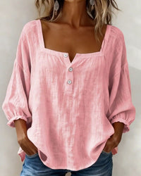 Women's Linen-Look Square-Neck Blouse with Puff Sleeves and Buttons - Maisie London